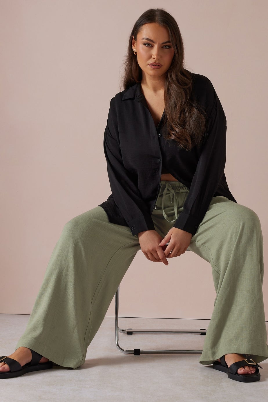 Yours Curve Olive Green Linen Tie Front Trousers
