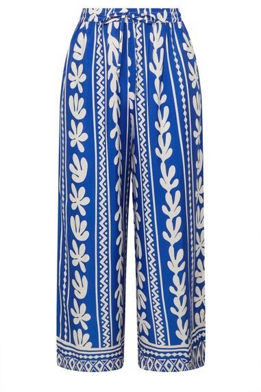 Yours Curve Cobalt Blue Aztec Leaf Wide Leg Trousers