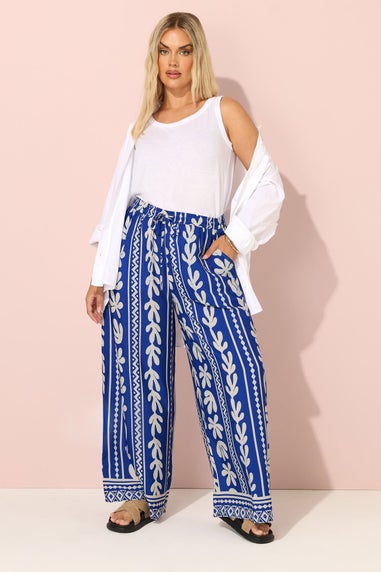 Yours Curve Cobalt Blue Aztec Leaf Wide Leg Trousers