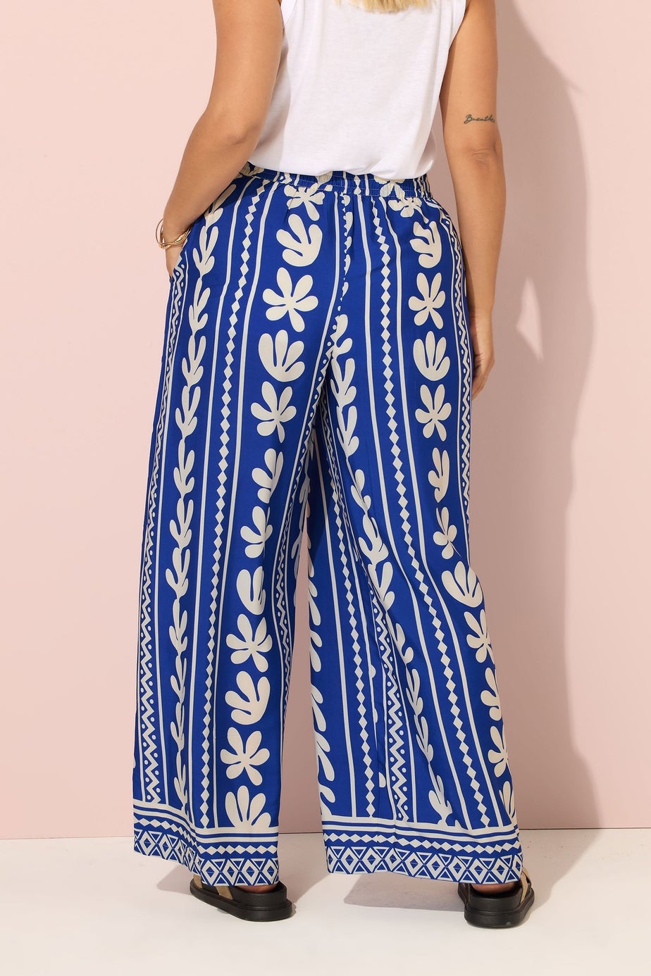 Yours Curve Cobalt Blue Aztec Leaf Wide Leg Trousers