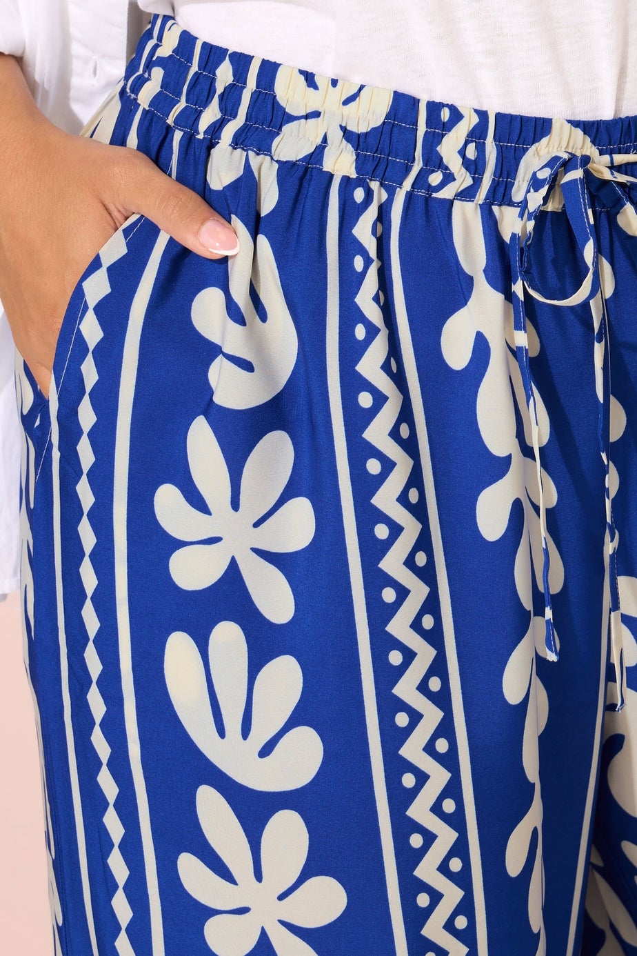 Yours Curve Cobalt Blue Aztec Leaf Wide Leg Trousers