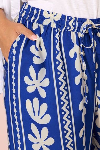 Yours Curve Cobalt Blue Aztec Leaf Wide Leg Trousers