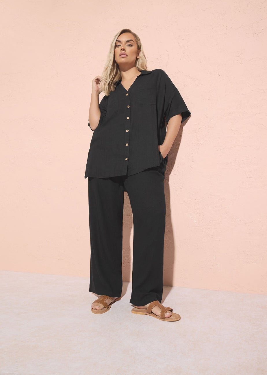 Yours Curve Black Pleat Front Linen Trousers