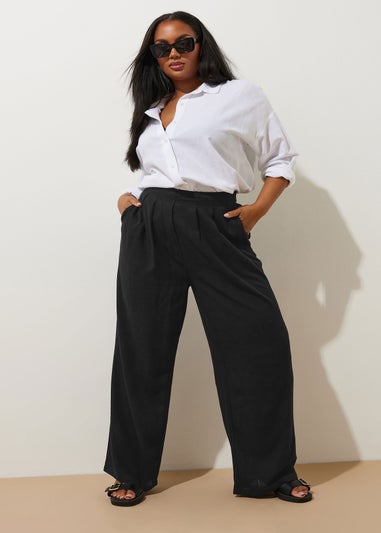 Yours Curve Black Pleat Front Linen Trousers