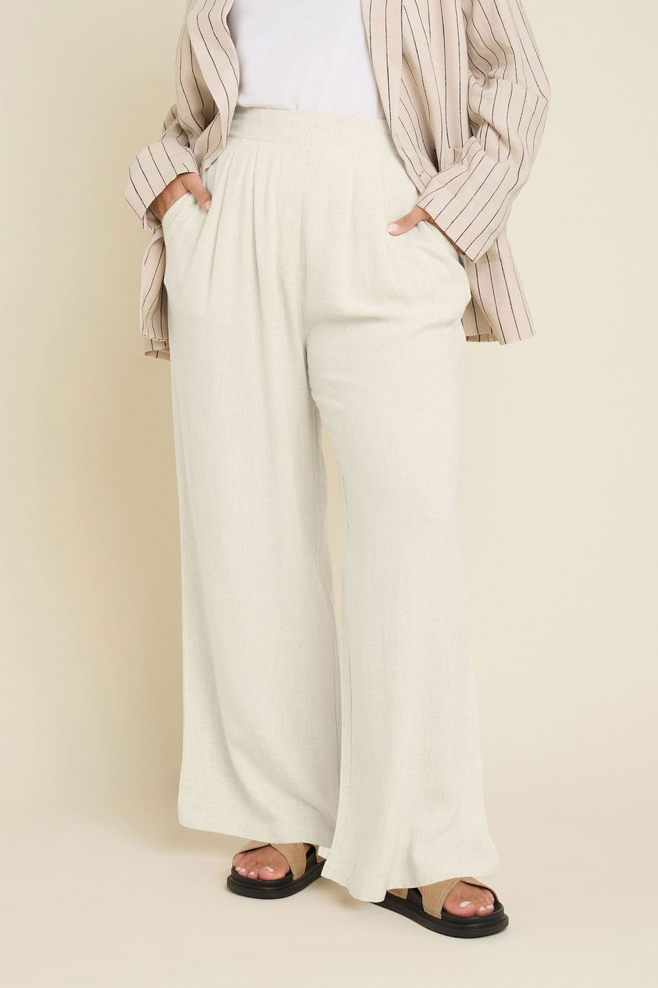Yours Curve Natural Brown Pleat Front Linen Trousers
