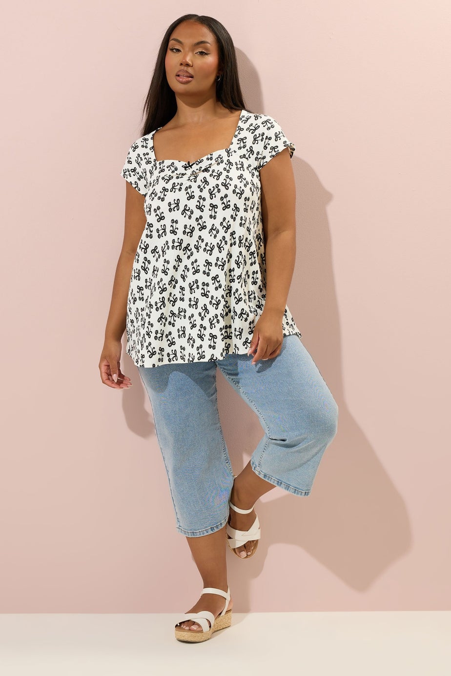 Yours Curve White Textured Cherry Print Top