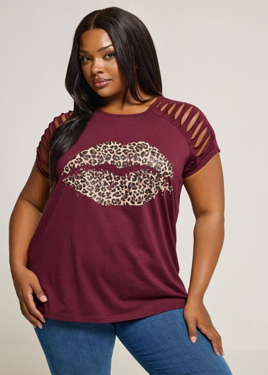 Yours Curve Burgundy Leopard Print Lips Laser Cut T-Shirt
