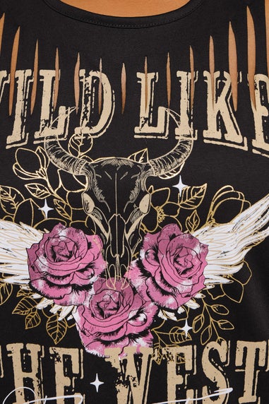 Yours Curve Black Wild West Laser Cut Slogan T-Shirt