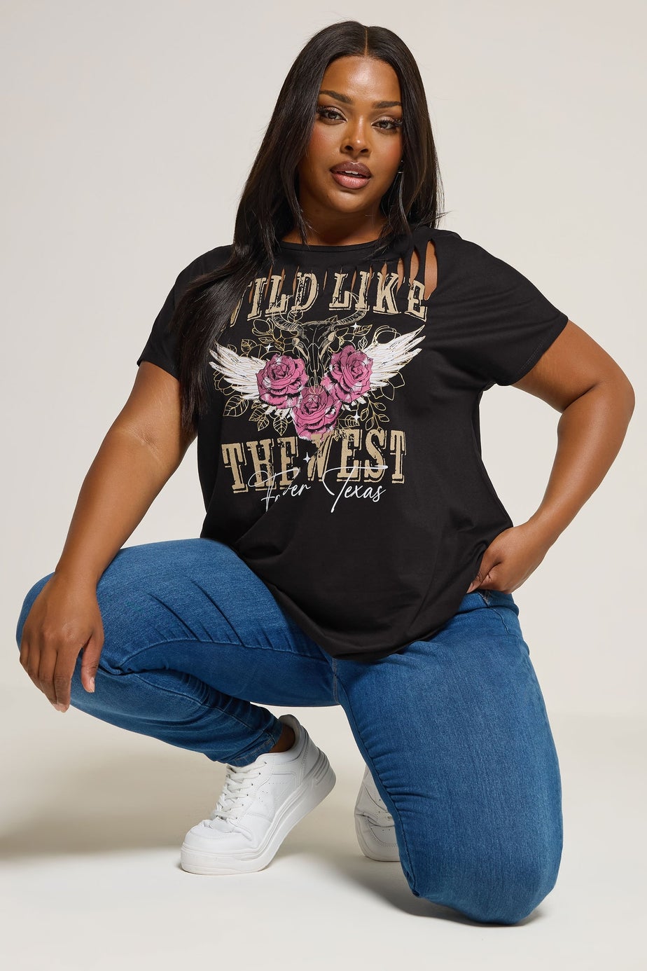 Yours Curve Black Wild West Laser Cut Slogan T-Shirt