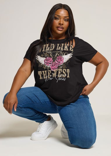 Yours Curve Black Wild West Laser Cut Slogan T-Shirt