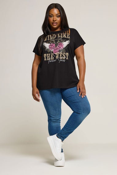 Yours Curve Black Wild West Laser Cut Slogan T-Shirt