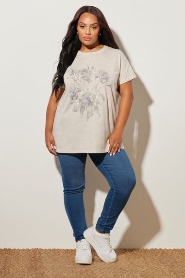 Yours Curve Natural Brown Floral Embellished T-Shirt