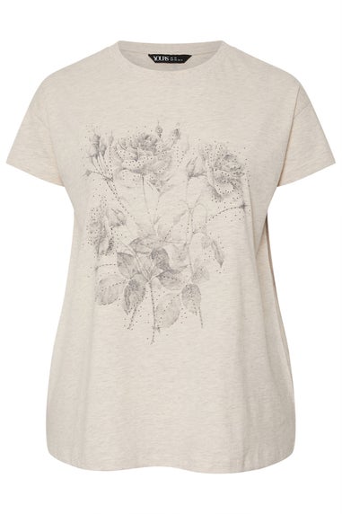Yours Curve Natural Brown Floral Embellished T-Shirt