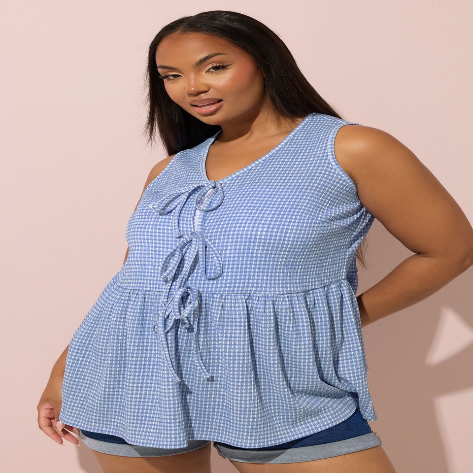 Yours Curve Blue Gingham Bow Tie Front Top