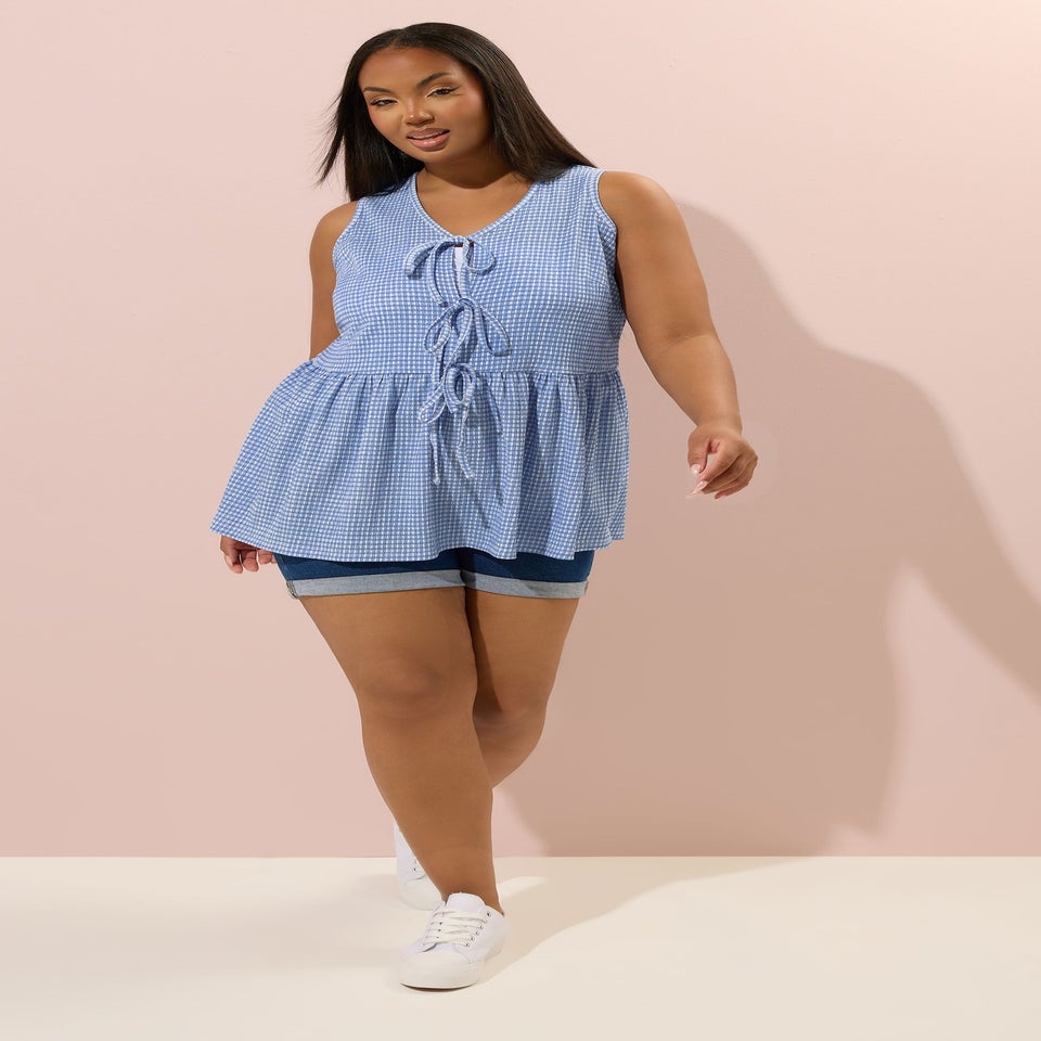 Yours Curve Blue Gingham Bow Tie Front Top