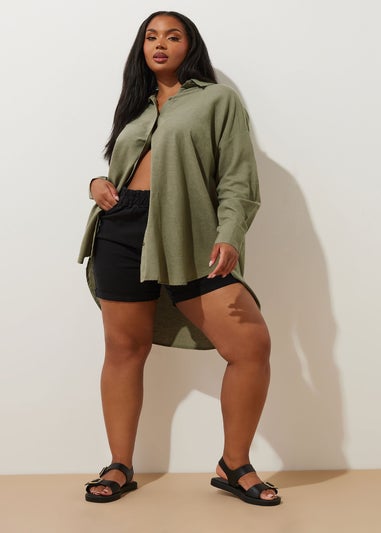 YOURS Curve Khaki Green Long Sleeve Linen Shirt