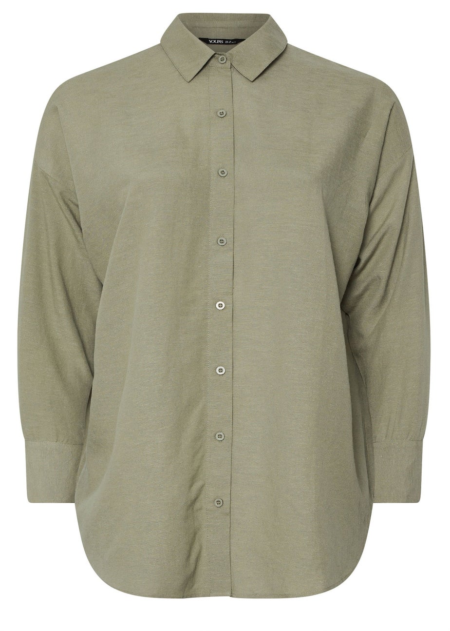 YOURS Curve Khaki Green Long Sleeve Linen Shirt