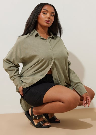 YOURS Curve Khaki Green Long Sleeve Linen Shirt