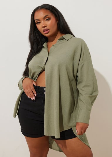 YOURS Curve Khaki Green Long Sleeve Linen Shirt