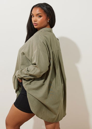 YOURS Curve Khaki Green Long Sleeve Linen Shirt