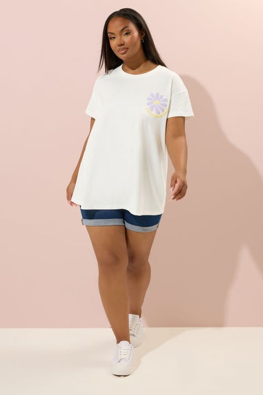 Yours Curve Cream Focus On The Good Graphic Back Print T-Shirt