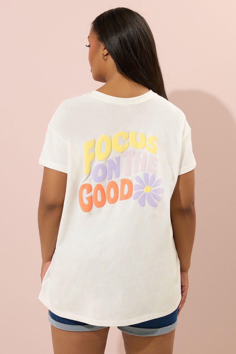 Yours Curve Cream Focus On The Good Graphic Back Print T-Shirt