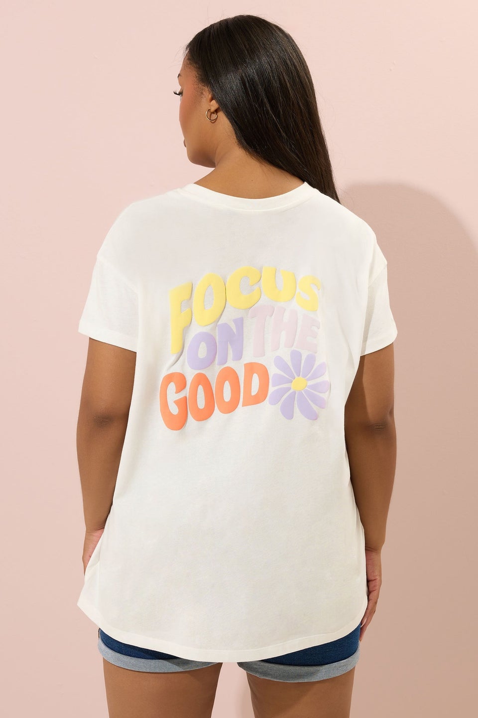 Yours Curve Cream Focus On The Good Graphic Back Print T-Shirt