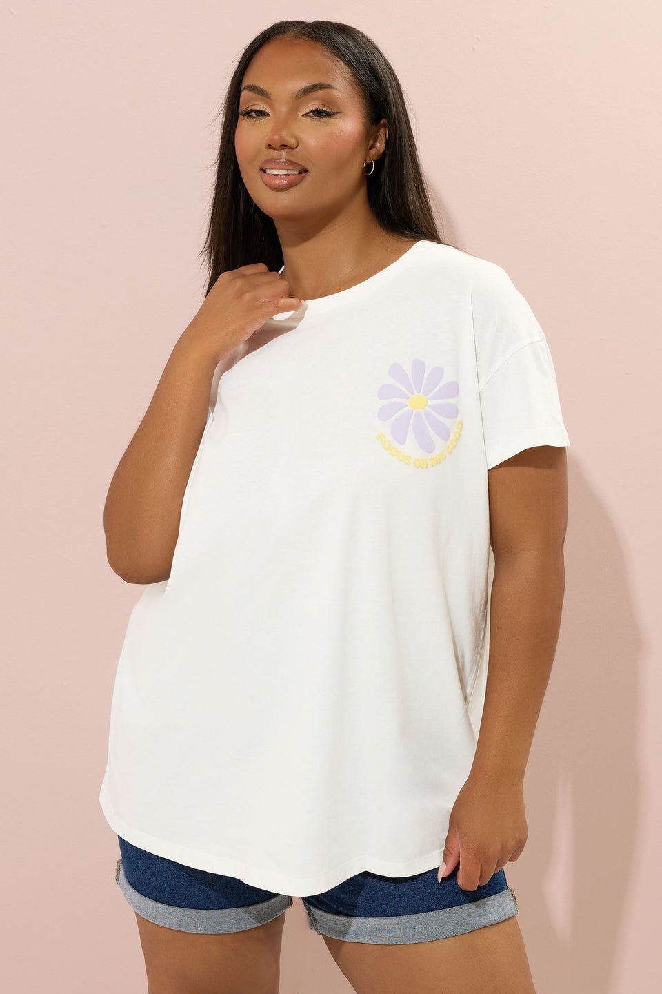 Yours Curve Cream Focus On The Good Graphic Back Print T-Shirt