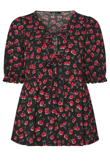 YOURS Curve Black Cherry Tie Front Peplum Top