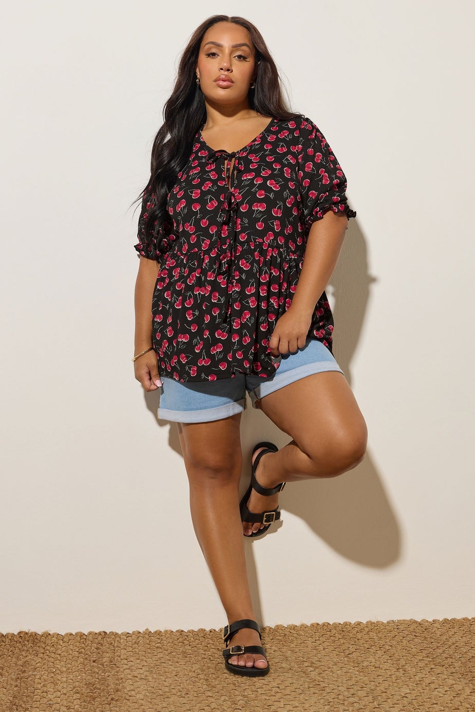 YOURS Curve Black Cherry Tie Front Peplum Top