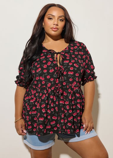 YOURS Curve Black Cherry Tie Front Peplum Top