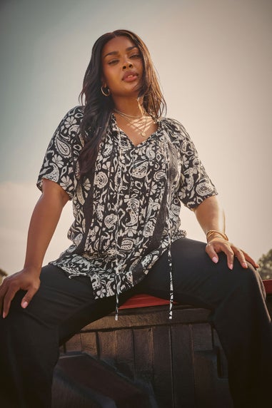 YOURS Curve Black Paisley Print Pintuck Blouse