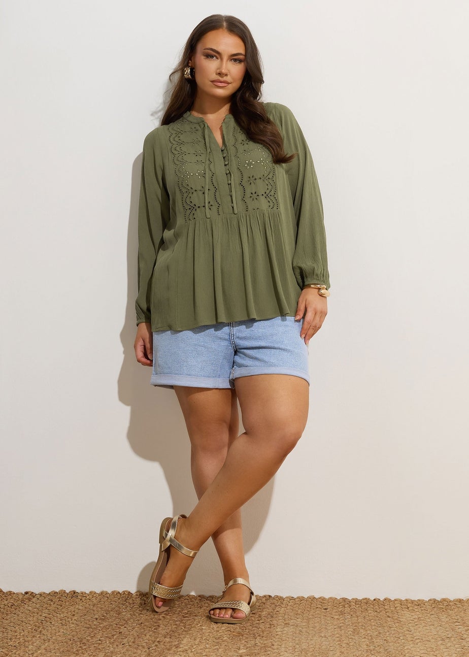 YOURS Curve Khaki Green Broderie Anglaise Tie Neck Blouse