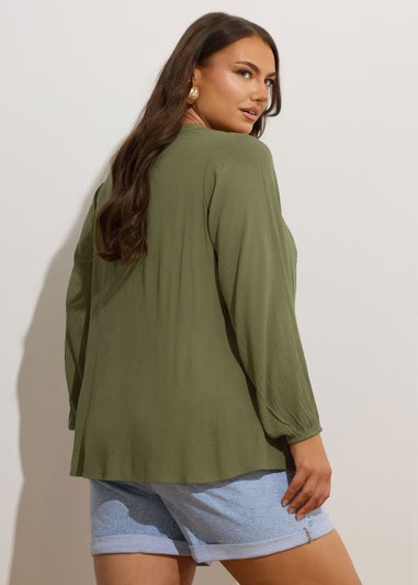 YOURS Curve Khaki Green Broderie Anglaise Tie Neck Blouse