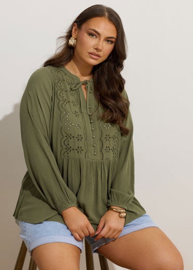 YOURS Curve Khaki Green Broderie Anglaise Tie Neck Blouse