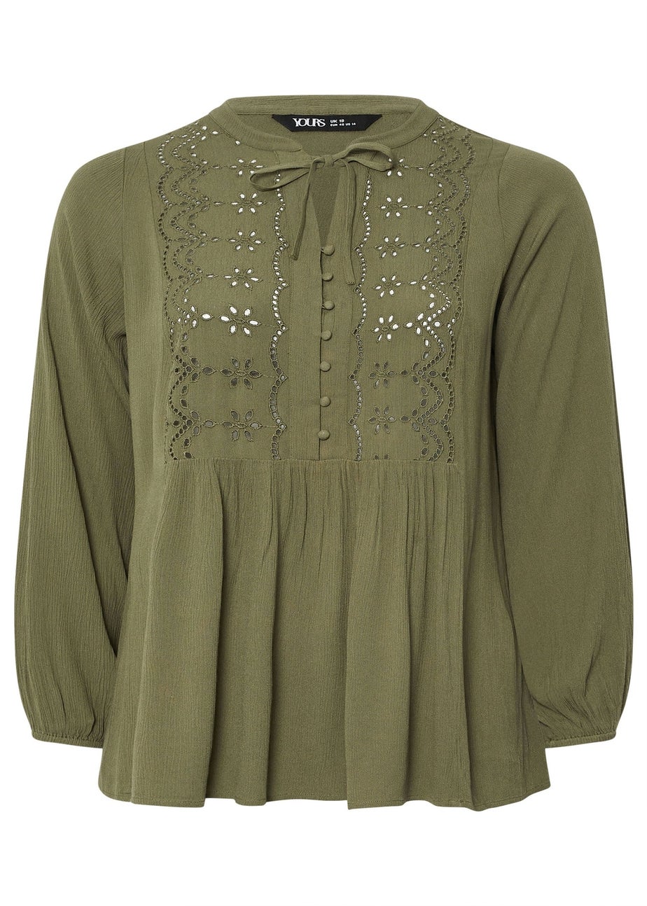 YOURS Curve Khaki Green Broderie Anglaise Tie Neck Blouse