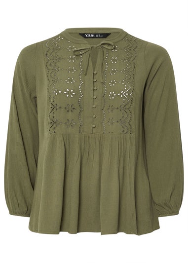 YOURS Curve Khaki Green Broderie Anglaise Tie Neck Blouse