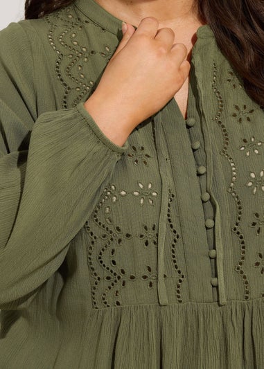 YOURS Curve Khaki Green Broderie Anglaise Tie Neck Blouse