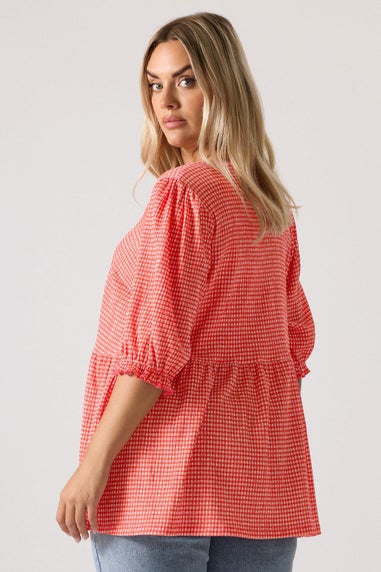 YOURS Curve Red Gingham Bow Tie Front Peplum Top