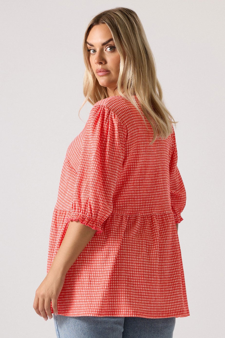 YOURS Curve Red Gingham Bow Tie Front Peplum Top