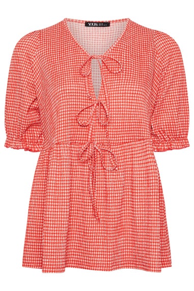 YOURS Curve Red Gingham Bow Tie Front Peplum Top