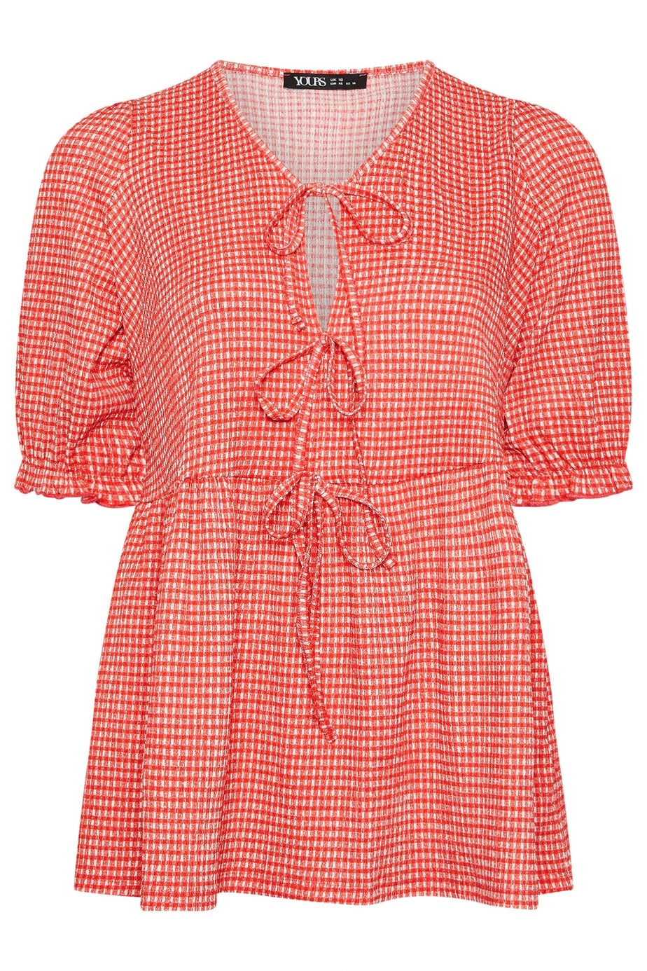 YOURS Curve Red Gingham Bow Tie Front Peplum Top