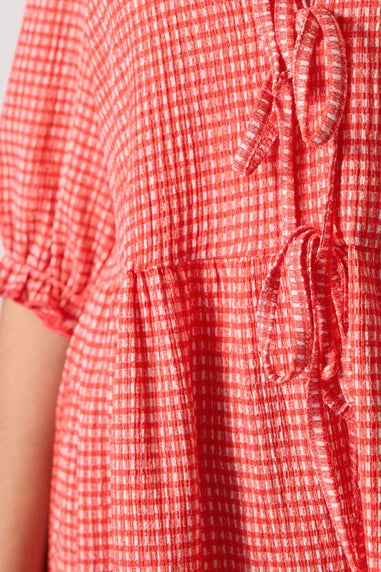 YOURS Curve Red Gingham Bow Tie Front Peplum Top