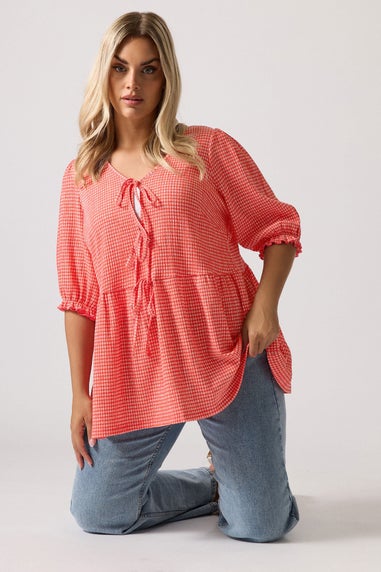 YOURS Curve Red Gingham Bow Tie Front Peplum Top