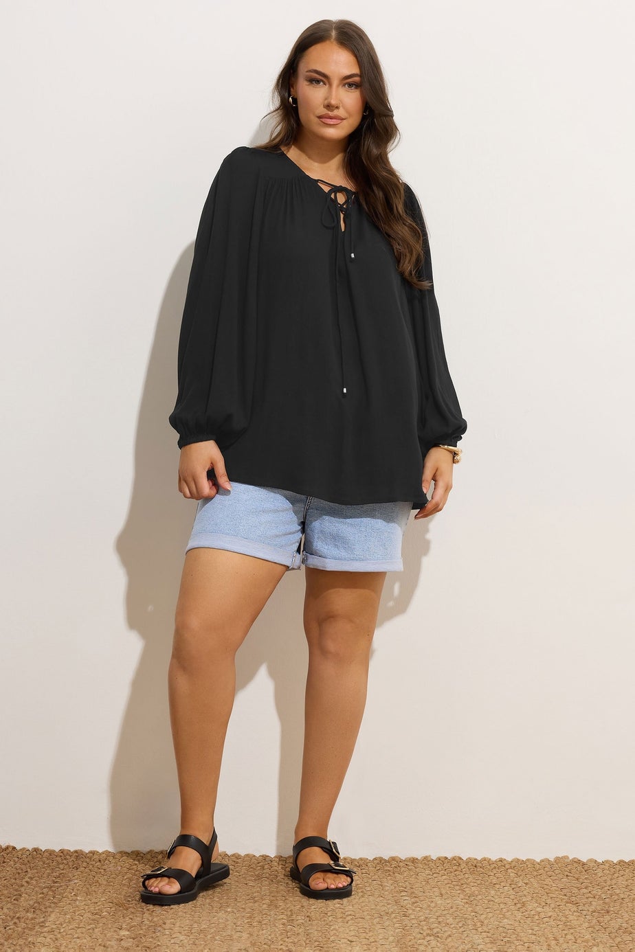 YOURS Curve Black Lattice Tie Front Blouse