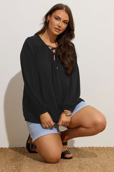 YOURS Curve Black Lattice Tie Front Blouse