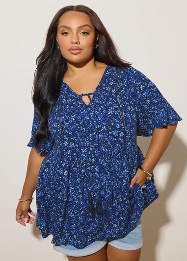 YOURS Curve Blue Floral Print Tie Front Top