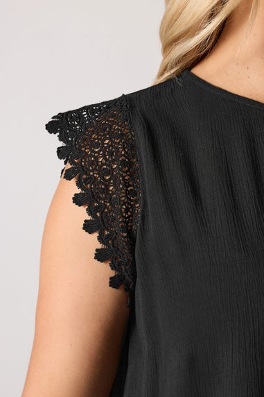 Yours Curve Black Textured Crochet Sleeve Top