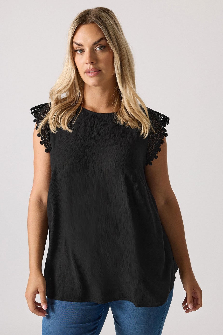 Yours Curve Black Textured Crochet Sleeve Top