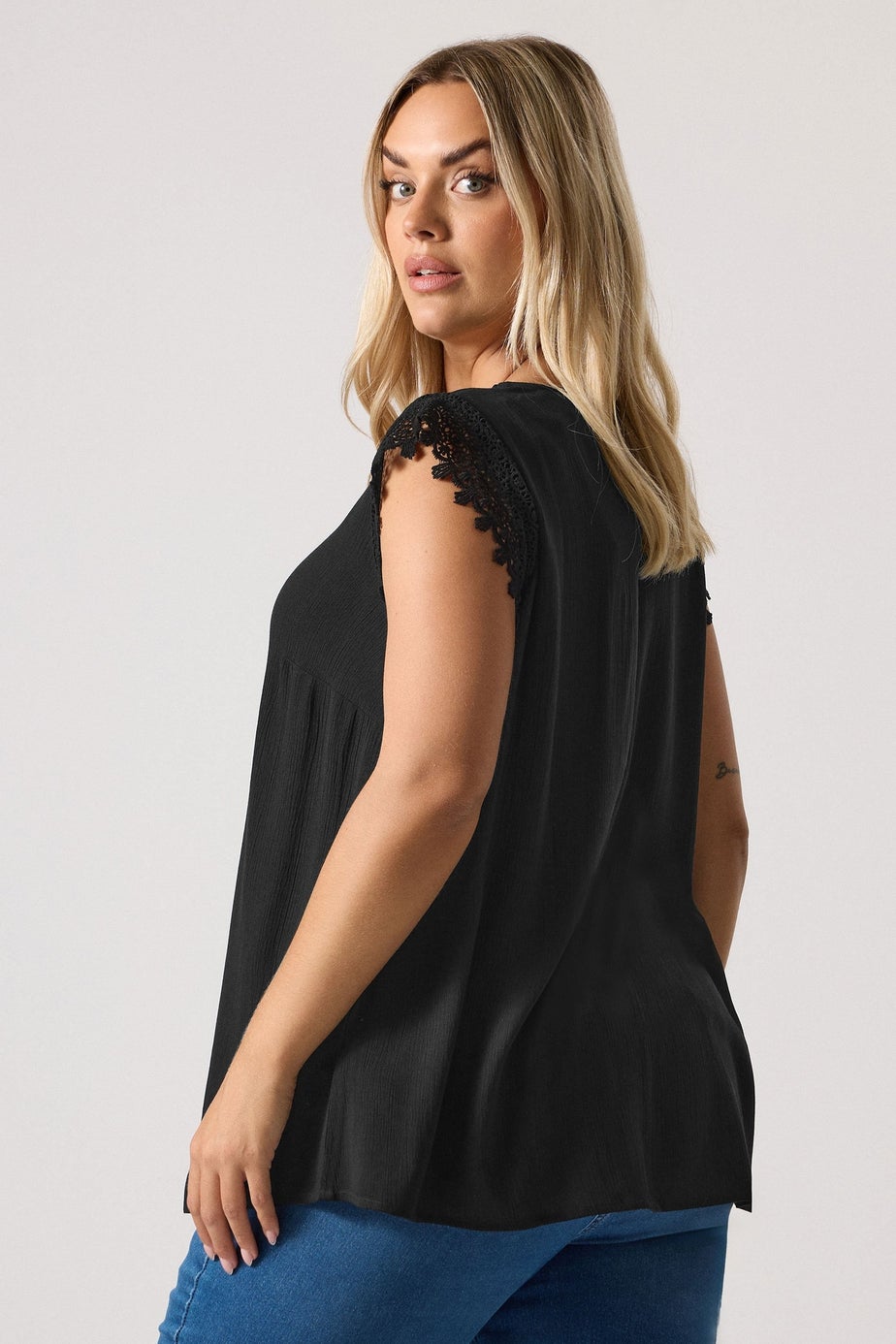 Yours Curve Black Textured Crochet Sleeve Top